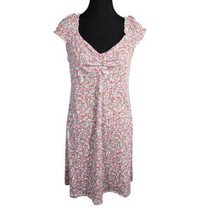 NWT | Pink Floral Print Milkmaid Style Ruched Bust Puffy Sleeve Mini Dress | XLa